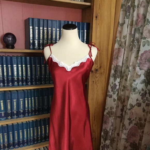 Latasia Other - Red with White Lace Trim Charmeuse Chemise Nightie